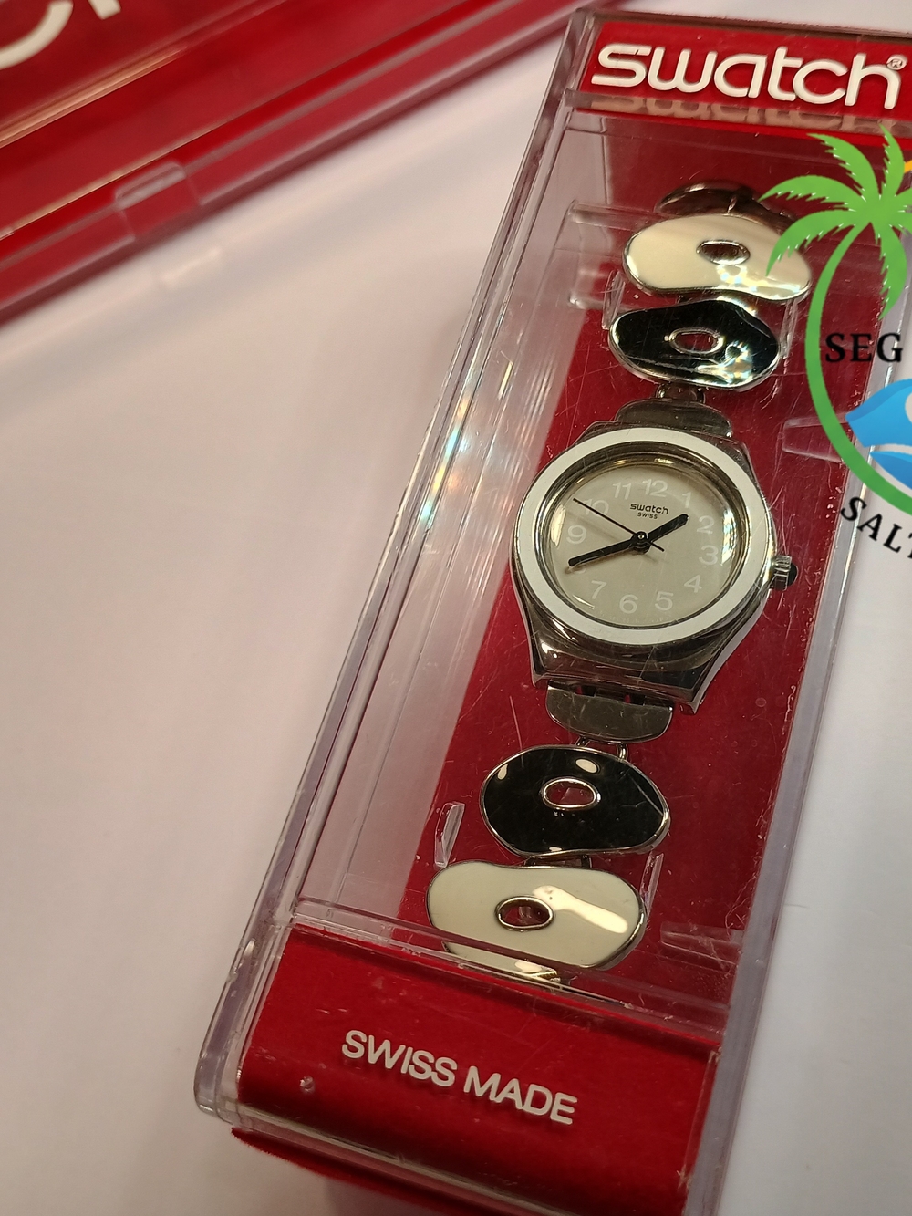 Swatch Women's Silver With White & Black Retro Accent Bracelet Watch